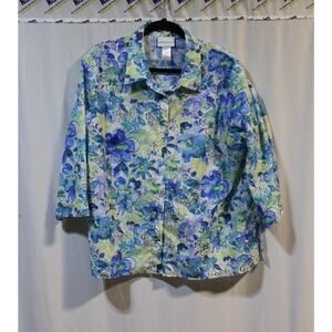 Alfred Dunner 3/4-Sleeve Button-Down Blue/Multicolor Floral Semi-Sheer XL